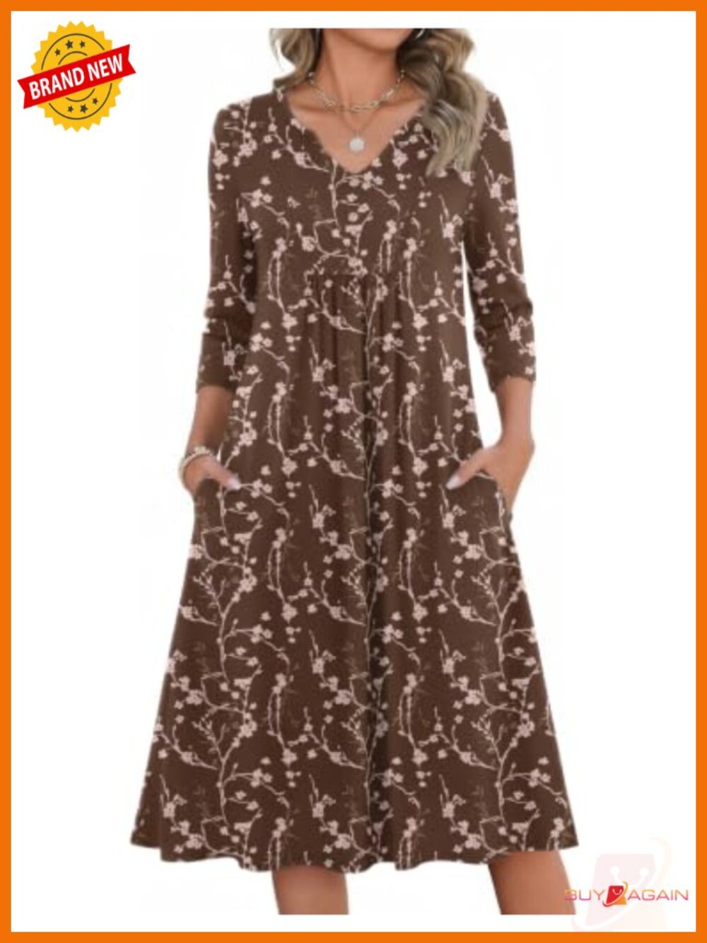 Zeagoo Womens 3/4 Sleeve A-Line Midi Dress with Pockets Casual Fall